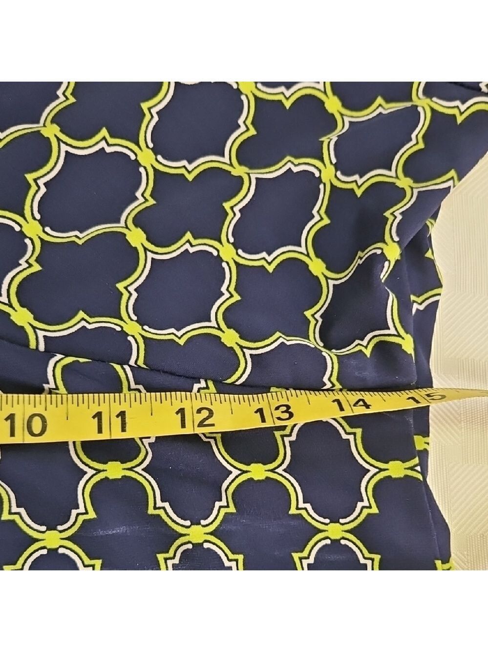 Merona Elegant Navy and Chartruesse Patterned Dress Twist At Bustline Stretchy M - Picture 9 of 12